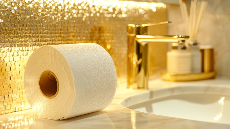“bamboo tissues and toilet rolls in a plastic-free bathroom setting”