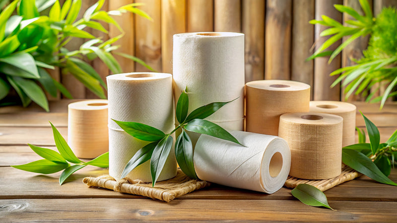 “stacked bamboo toilet rolls with plastic-free wrapping in a minimal bathroom”