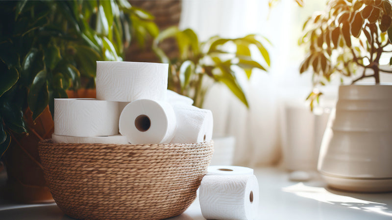 “eco-friendly bamboo toilet rolls with plastic-free packaging in a modern bathroom”